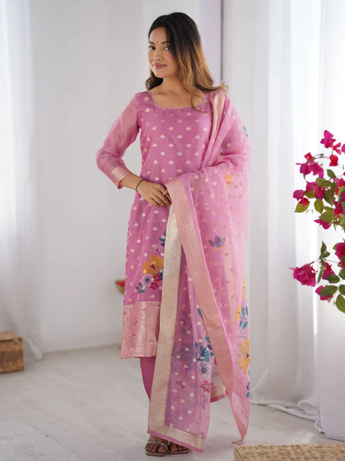 Pretty Baby Pink Chanderi Digital Printed Straight Suit With Dupatta